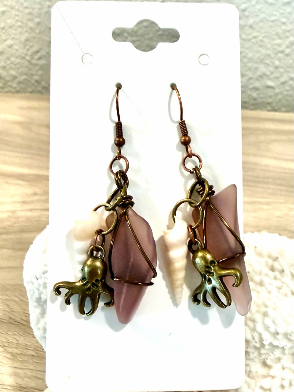 98. Handmade burgundy sea glass Octopus & Shell Drop Earrings